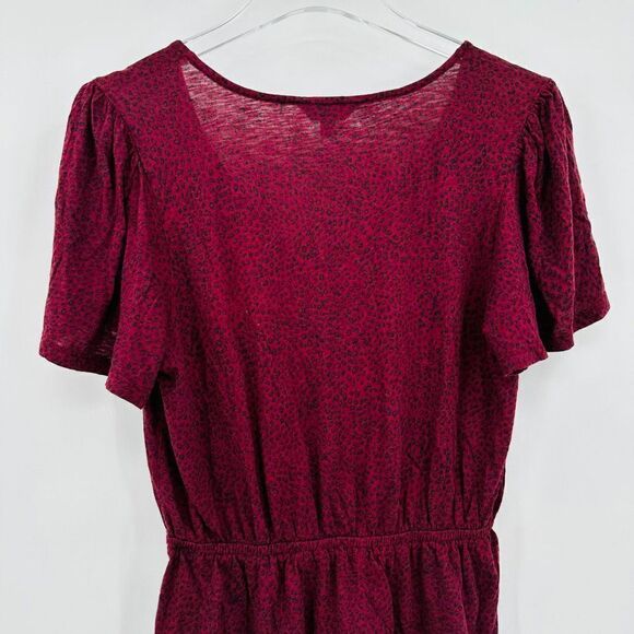 Lucky Brand Sz Small Maroon & Black Animal Print Flutter Sleeve Boho V Neck Top - Picture 6 of 8